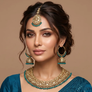 Emmie Teal Blue Polki Necklace Set with Tikka