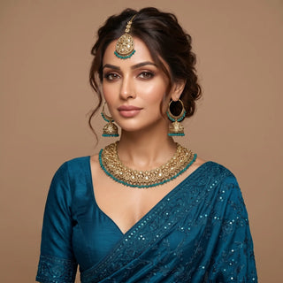 Emmie Teal Blue Polki Necklace Set with Tikka