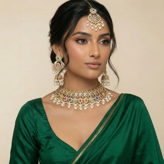 Kiara Multicolour Polki Diamond Choker Necklace Set with Tikka