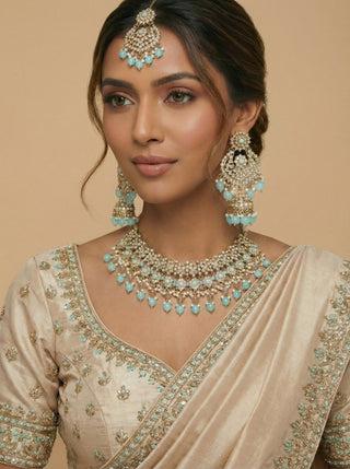 Kiara Pastel Blue Polki Diamond Choker Necklace Set with Tikka