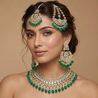 Ryleigh Green Kundan Necklace Set with Tikka and Passa