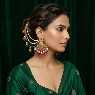 Rosabelle Baahubali Polki Dark Red Earrings (with detachable hair chains)