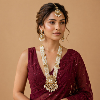 Delaney White Kundan Long Necklace Set with Tikka