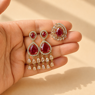 Ginny Red CZ Diamond Simulant Earrings and Ring Set