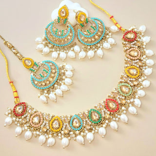 Leah Multicolour Polki Choker Necklace Set with Tikka