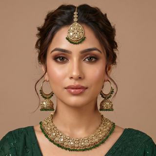 Emmie Green Polki Necklace Set with Tikka