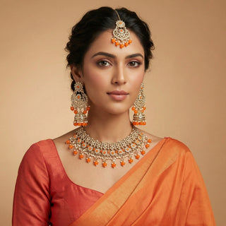 Kiara Polki Diamond Orange Choker Necklace Set with Tikka