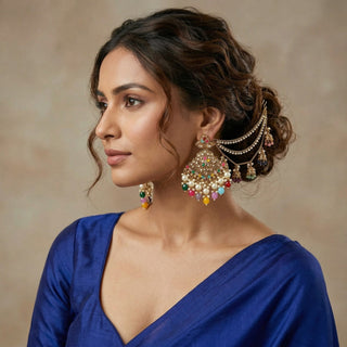 Rosabelle Baahubali Polki Multicolour Earrings (with detachable hair chains)