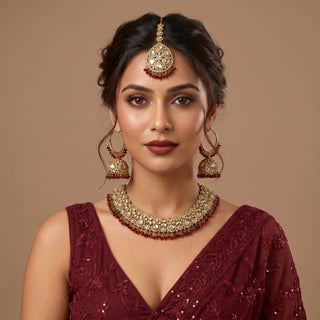 Emmie Maroon Dark Red Polki Necklace Set with Tikka