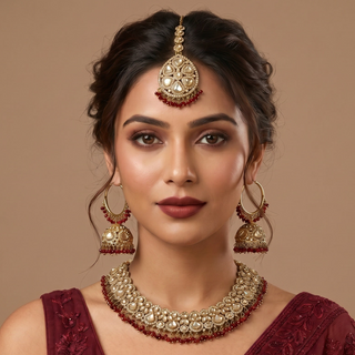 Emmie Maroon Dark Red Polki Necklace Set with Tikka