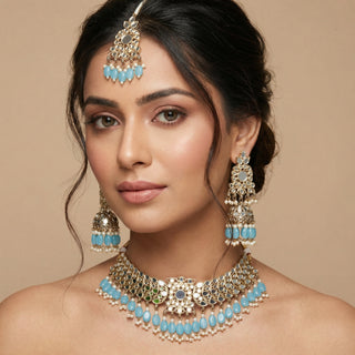 Lily Light Blue Mirror Choker Set with Tikka
