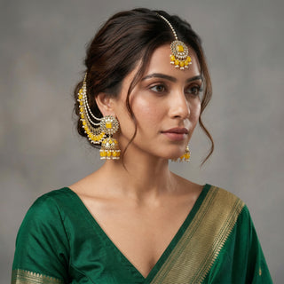 Shloka Yellow Baahubali Jhumki Earrings (with detachable hair chains)