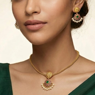 Iva Multicolour Gold Finish CZ Diamond Temple Necklace Set