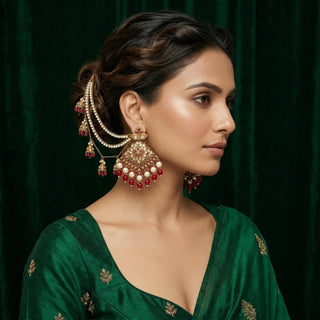 Rosabelle Baahubali Polki Dark Red Earrings (with detachable hair chains) - ECLAT INDIAN JEWELSEarringsRed