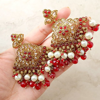 Rosabelle Baahubali Polki Dark Red Earrings (with detachable hair chains) - ECLAT INDIAN JEWELSEarringsRed