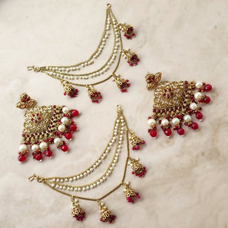 Rosabelle Baahubali Polki Dark Red Earrings (with detachable hair chains) - ECLAT INDIAN JEWELSEarringsRed