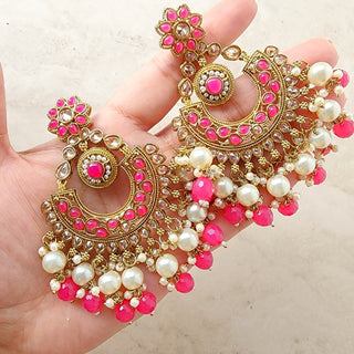 Rosalie Baahubali Pink Polki Earrings (with detachable hair chains) - ECLAT INDIAN JEWELSEarringsPink