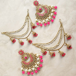 Rosalie Baahubali Pink Polki Earrings (with detachable hair chains) - ECLAT INDIAN JEWELSEarringsPink