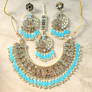 Rosalie Blue Mirror Necklace Set with Maang Tikka - ECLAT INDIAN JEWELSNecklace SetsBlue