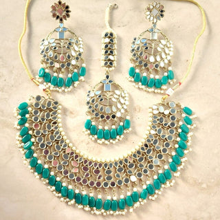 Rosalie Emerald Green Mirror Necklace Set with Maang Tikka - ECLAT INDIAN JEWELSNecklace SetsGreen