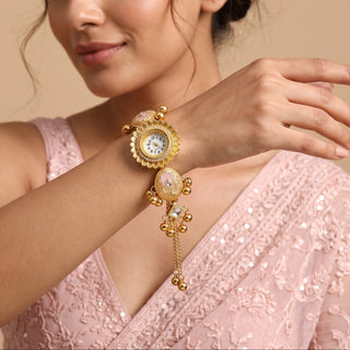 Rosalie light pink gold Kashmiri bracelet watch worn with blush pink saree