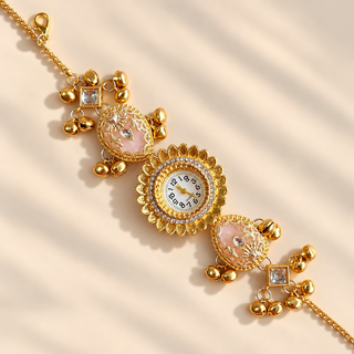 Close-up of Rosalie gold tone Kashmiri watch with light pink enamel and floral dial