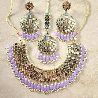 Rosalie Light Purple Mirror Necklace Set with Maang Tikka - ECLAT INDIAN JEWELSNecklace SetsPurple