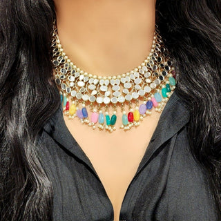 Rosalie Multicolour Mirror Necklace Set with Maang Tikka - ECLAT INDIAN JEWELSNecklace SetsMulticolour