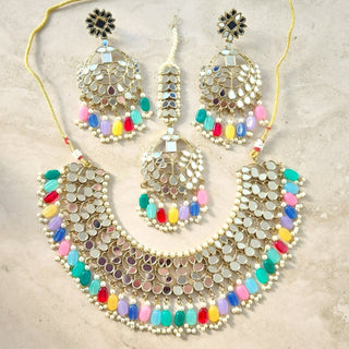 Rosalie Multicolour Mirror Necklace Set with Maang Tikka - ECLAT INDIAN JEWELSNecklace SetsMulticolour