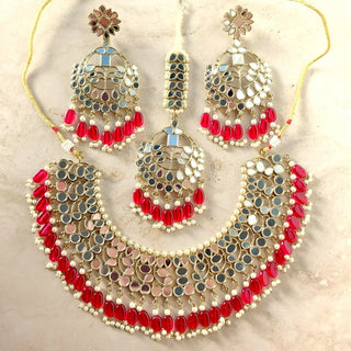 Rosalie Ruby Red Mirror Necklace Set with Maang Tikka - ECLAT INDIAN JEWELSNecklace SetsRed