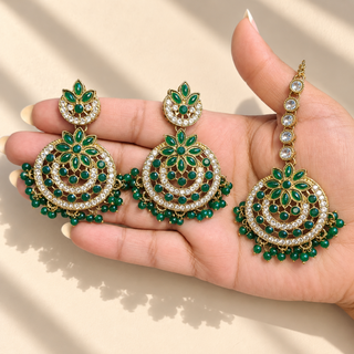 Rosamund green chandbali earrings 5 cm long and maang tikka with kundan style stones and green bead drops