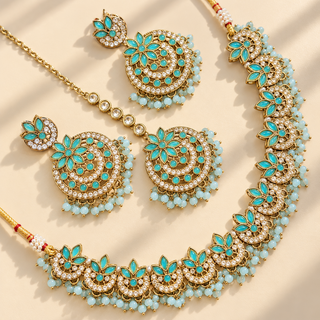 Rosamund pastel blue Indian kundan necklace set with matching chandbali earrings and maang tikka in gold finish