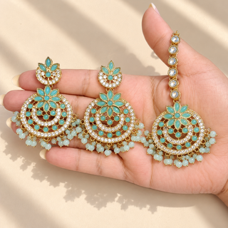 Rosamund pastel blue 5 cm chandbali earrings and matching maang tikka with clear stones and blue bead drops