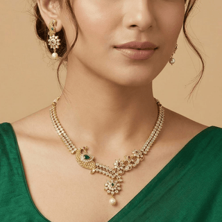 Roxy Multicolour Peacock CZ Diamond Simulant Kemp Necklace Set - ECLAT INDIAN JEWELSNecklace SetsMulticolour