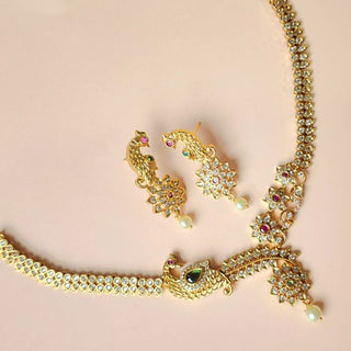 Roxy Multicolour Peacock CZ Diamond Simulant Kemp Necklace Set - ECLAT INDIAN JEWELSNecklace SetsMulticolour