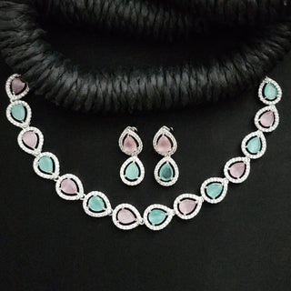 Sahra Mint Green Pink CZ Diamond Simulant Necklace Set - ECLAT INDIAN JEWELSNecklace SetsGreen