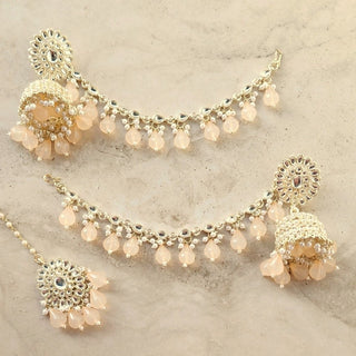 Saige Peach Baahubali Mirror Jhumki Tikka Set (detachable hair chain) - ECLAT INDIAN JEWELSTikka SetsPeach