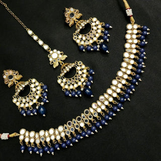 Scarlet Blue Mirror Oxidised Gold Necklace Set with Tikka - ECLAT INDIAN JEWELSNecklace SetsBlue