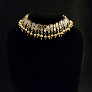 Scarlet Gold Mirror Oxidised Gold Necklace Set with Tikka - ECLAT INDIAN JEWELSNecklace SetsGold