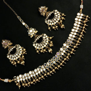 Scarlet Gold Mirror Oxidised Gold Necklace Set with Tikka - ECLAT INDIAN JEWELSNecklace SetsGold