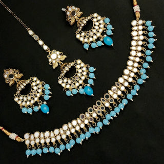 Scarlet Light Blue Mirror Oxidised Gold Necklace Set with Tikka - ECLAT INDIAN JEWELSNecklace SetsBlue