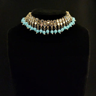 Scarlet Light Blue Mirror Oxidised Gold Necklace Set with Tikka - ECLAT INDIAN JEWELSNecklace SetsBlue