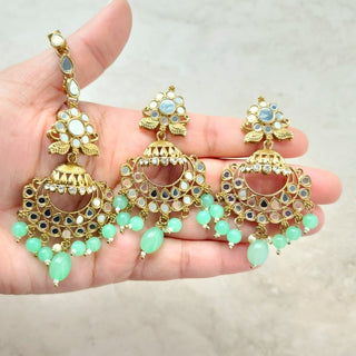 Scarlet Light Green Mirror Necklace Set with Tikka - ECLAT INDIAN JEWELSNecklace SetsGreen