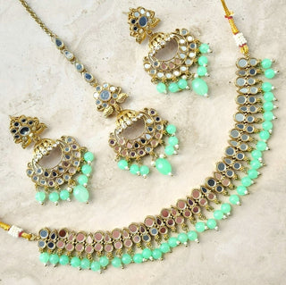 Scarlet Light Green Mirror Necklace Set with Tikka - ECLAT INDIAN JEWELSNecklace SetsGreen