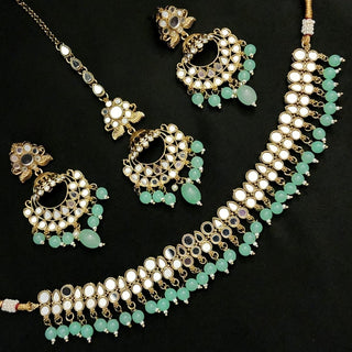 Scarlet Mint Green Mirror Oxidised Gold Necklace Set with Tikka - ECLAT INDIAN JEWELSNecklace SetsGreen