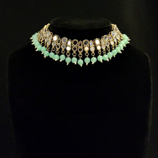 Scarlet Mint Green Mirror Oxidised Gold Necklace Set with Tikka - ECLAT INDIAN JEWELSNecklace SetsGreen