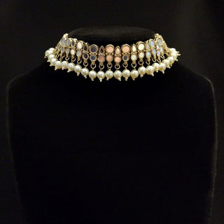 Scarlet White Mirror Oxidised Gold Necklace Set with Tikka - ECLAT INDIAN JEWELSNecklace SetsWhite