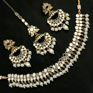 Scarlet White Mirror Oxidised Gold Necklace Set with Tikka - ECLAT INDIAN JEWELSNecklace SetsWhite