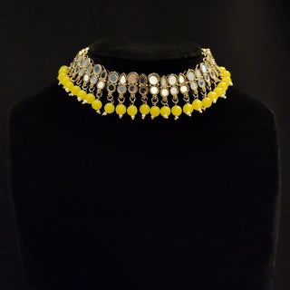 Scarlet Yellow Mirror Oxidised Gold Necklace Set with Tikka - ECLAT INDIAN JEWELSNecklace SetsYellow