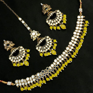 Scarlet Yellow Mirror Oxidised Gold Necklace Set with Tikka - ECLAT INDIAN JEWELSNecklace SetsYellow